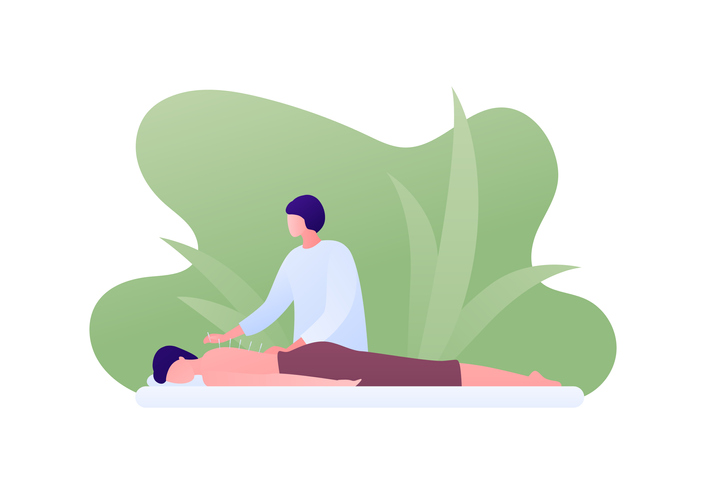 Acupuncture and massage therapy concept. Vector flat people illustration. Asian woman acupuncturist and patient person lying on couch on green background isolated on white.